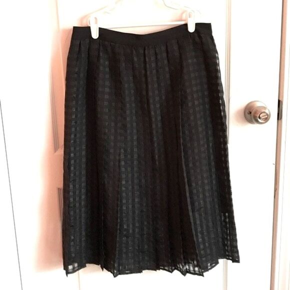 Elle Black Pleated Layered Sheer Checkered Overlay Midi Skirt Size 8 Medium - Picture 2 of 7